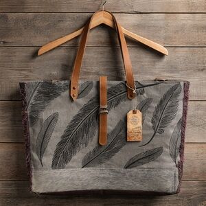 Up-Cycled Feather Print Canvas Tote Bag with Leather Straps - Gray